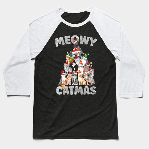 Meowy Catmas Santa Hat Cat Christmas Tree Baseball T-Shirt by BadDesignCo